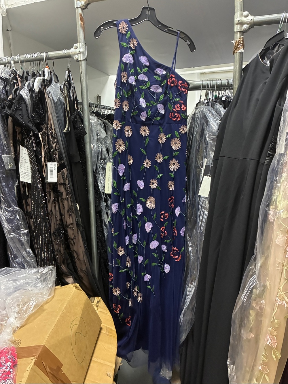 Adrianna Papell Navy Floral Sequin One Shoulder Gown Size 6 NWT GALA MOB Formal - Picture 9 of 15